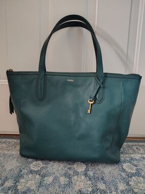Fossil Teal Green Leather Tote Bag